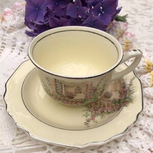 1930s W.S. George Teacup and Saucer Set LIDO Canarytone Silver Edge Trim